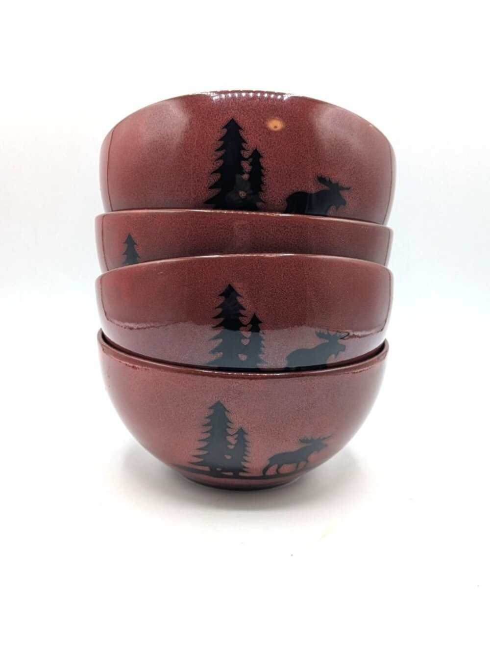 Natures Home Stoneware Bowls Set of 4 Red Black Moose Lodge Cereal Soup Salad 6"